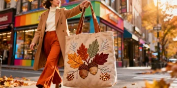 Woman holding personalized embroidered tote bag for fall 2026 fashion