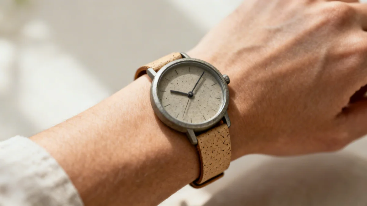 Minimalist watch with plant-based leather strap, a key sustainable accessory for 2026