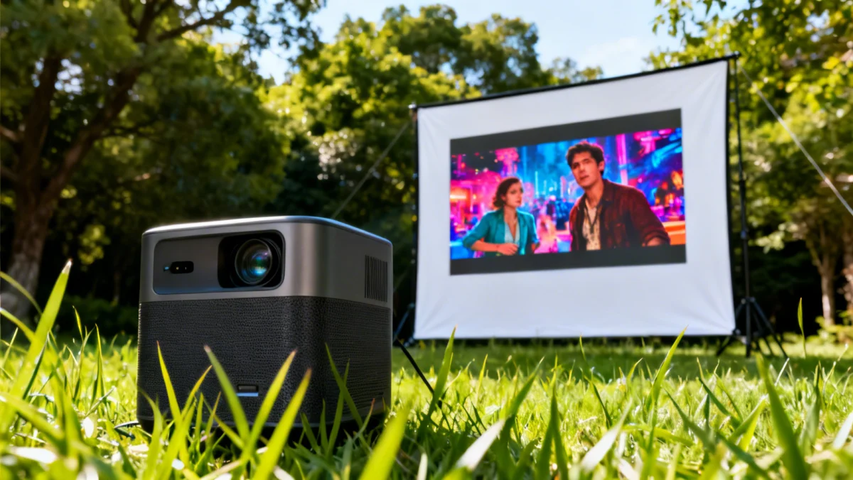 Portable projector displaying high-quality outdoor entertainment