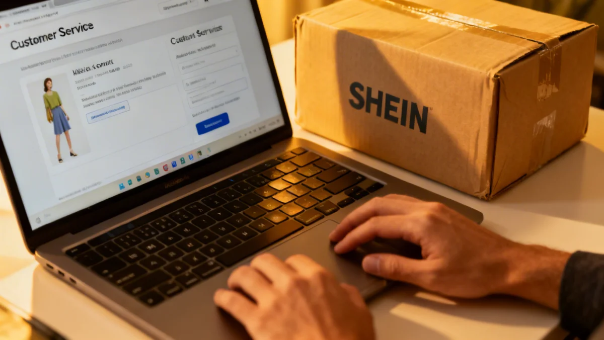 Person typing on laptop, engaging with Shein customer service for issue resolution.