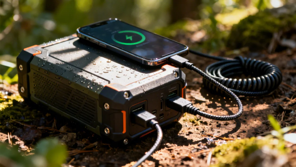 Rugged portable power bank charging a smartphone outdoors