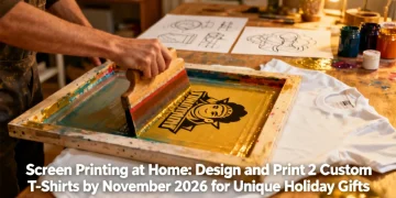 Hands screen printing a custom design onto a t-shirt at home