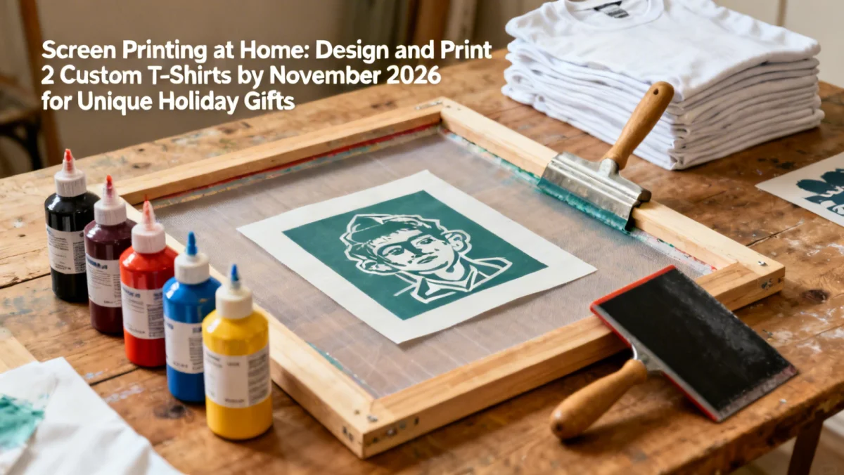 Essential screen printing tools and materials laid out on a workbench