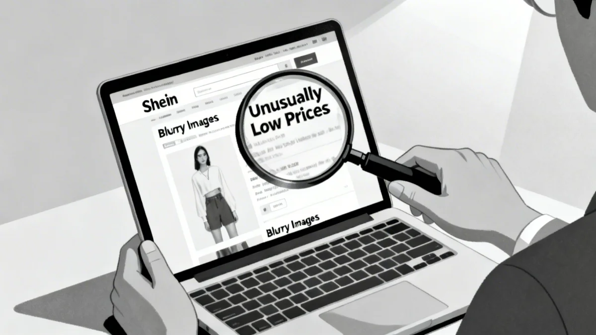 Person examining suspicious Shein product listing on laptop, highlighting vigilance for Avoiding Shein Scams.