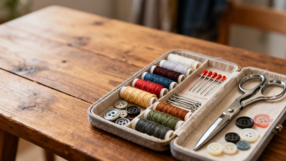 Organized sewing kit for DIY clothing repairs, essential for low fashion longevity.