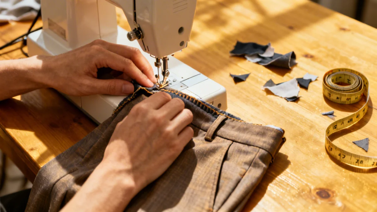 Person sewing a new hem for DIY custom fit trousers