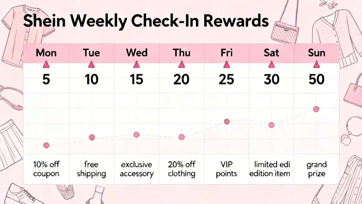 Illustration of Shein daily check-in rewards progression and benefits