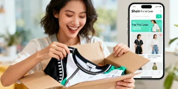 Woman unboxing Shein free trial items from the Shein Free Trial Center