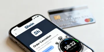 Shein Order Cancellation confirmation on a smartphone with a stopwatch