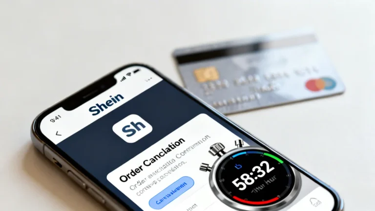 Shein Order Cancellation confirmation on a smartphone with a stopwatch