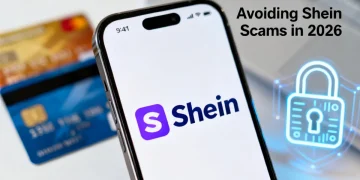 Smartphone displaying Shein app with credit cards and lock icon, representing Avoiding Shein Scams in 2026.