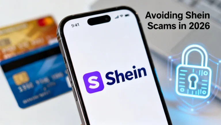Smartphone displaying Shein app with credit cards and lock icon, representing Avoiding Shein Scams in 2026.