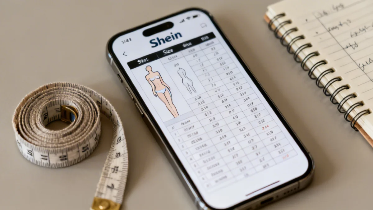 Detailed Shein size chart on a smartphone with measuring tape for accurate fit