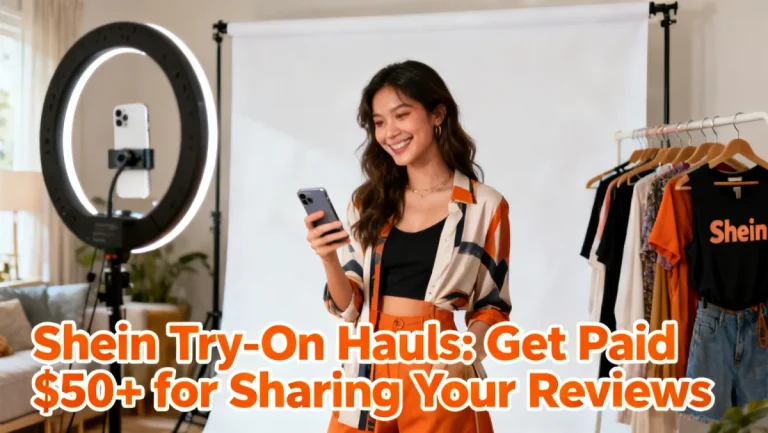 Woman filming Shein try-on haul for payment