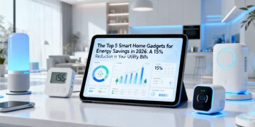 Smart home living room with energy-saving gadgets and smart thermostat display