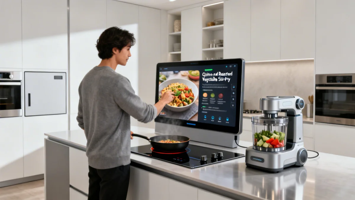 User interacting with smart kitchen ecosystem for daily tasks