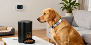 Smart pet gadgets enhancing a golden retriever's daily life in a modern home, 2026.