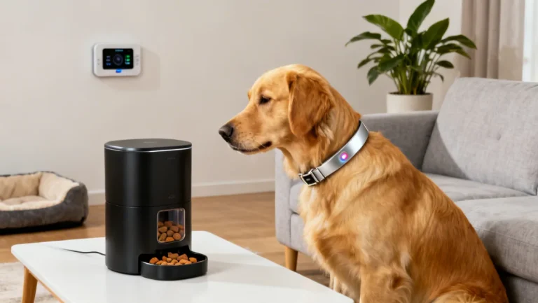 Smart pet gadgets enhancing a golden retriever's daily life in a modern home, 2026.