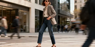 Woman demonstrating sophisticated low fashion styling on a city street