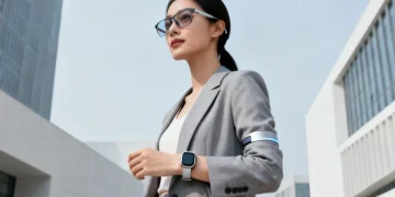 Stylish woman seamlessly blending tech wearables into her modern outfit, showcasing smart fashion integration.