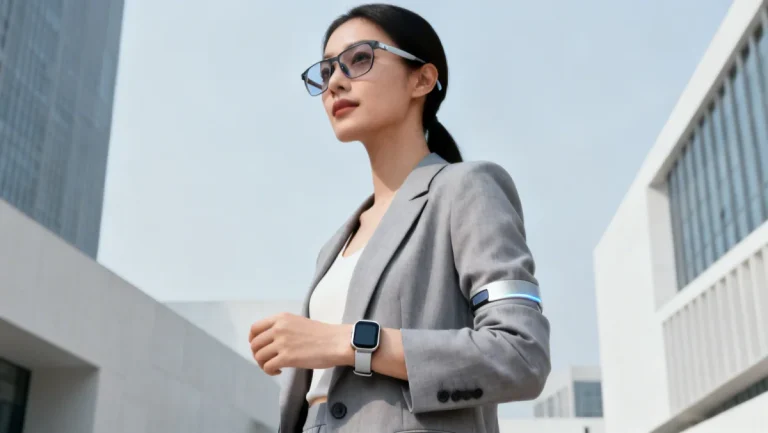 Stylish woman seamlessly blending tech wearables into her modern outfit, showcasing smart fashion integration.