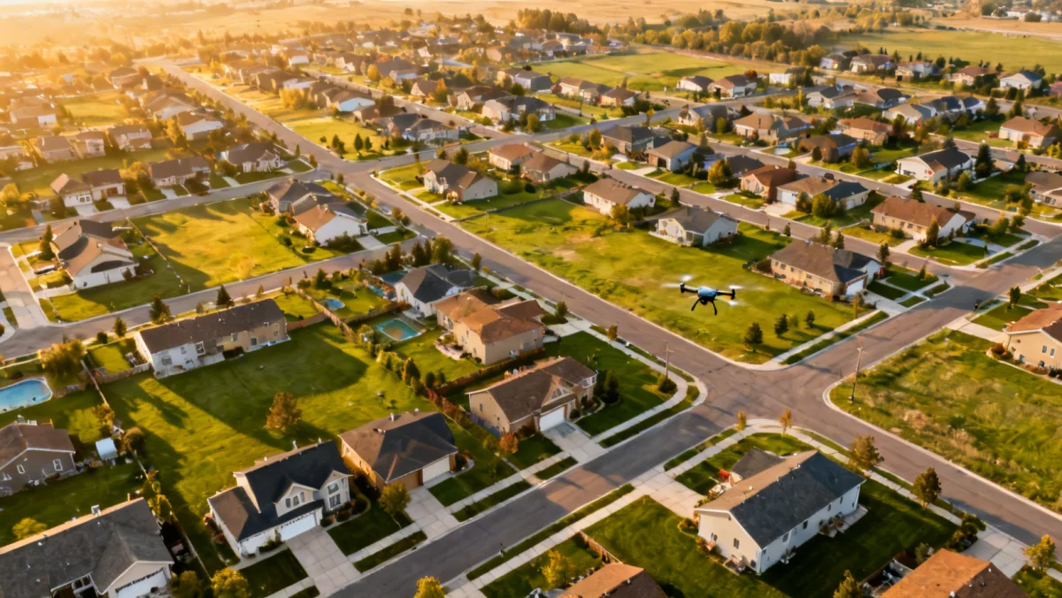 Aerial view of a suburban neighborhood from a recreational drone