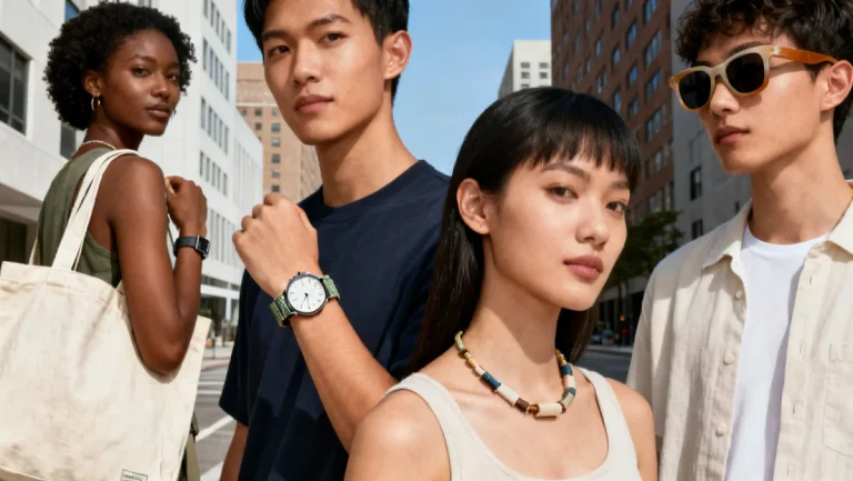 Stylish individuals showcasing sustainable accessories for 2026 US fashion trends