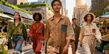 Models wearing eco-friendly clothing, highlighting sustainable fashion trends 2026 in US market.