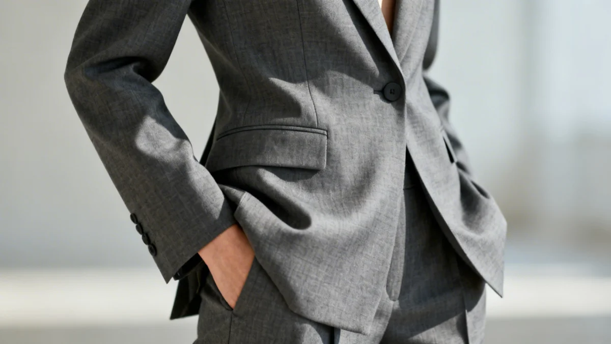 Model wearing a tailored gender-neutral suit, highlighting craftsmanship