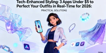 Woman using a tech-enhanced styling app on her phone for outfit planning in 2026