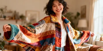 Upcycled blanket jacket, fashionable wearable art from home textiles