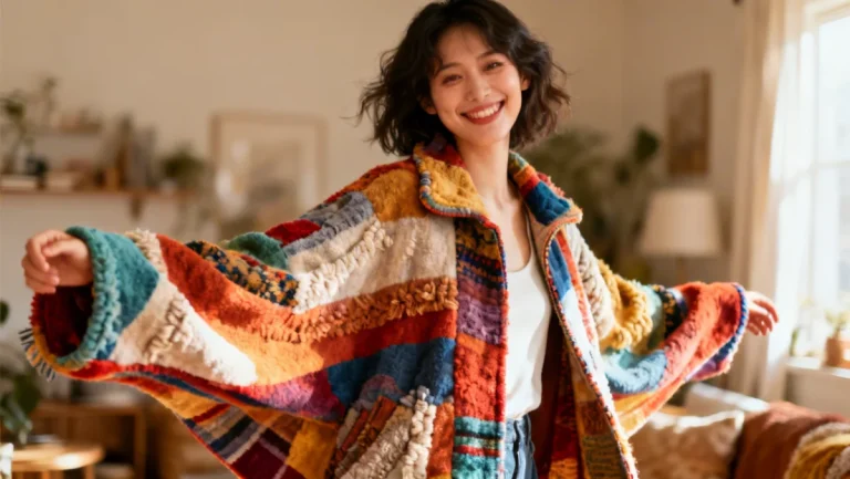Upcycled blanket jacket, fashionable wearable art from home textiles