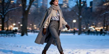 Woman in layered winter 2026 US fashion outfit