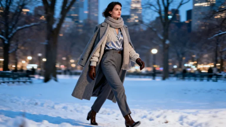 Woman in layered winter 2026 US fashion outfit
