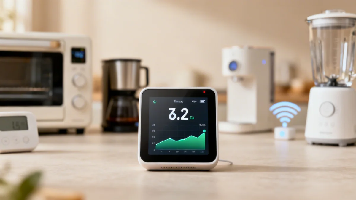 Smart home energy monitoring interface demonstrating savings with connected kitchen gadgets.