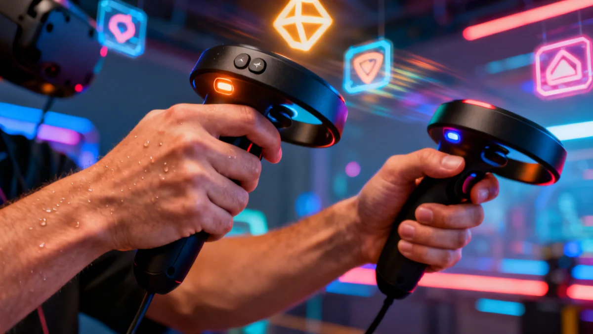 User interacting with VR controllers in an immersive virtual environment