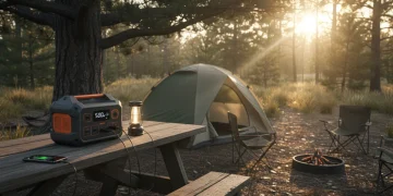 500W portable power station at campsite charging devices