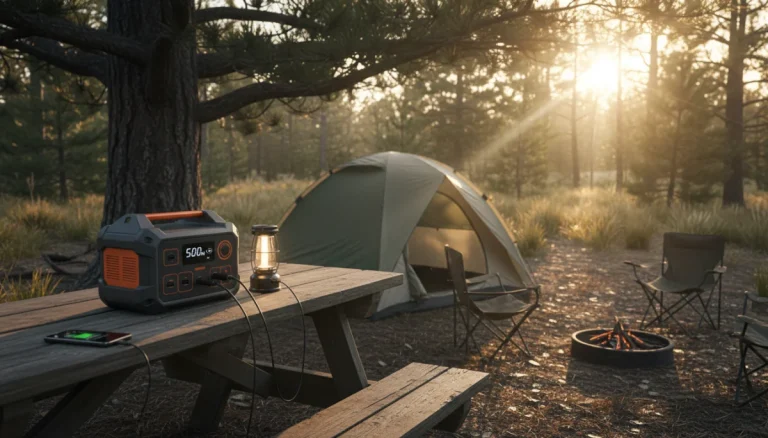 500W portable power station at campsite charging devices