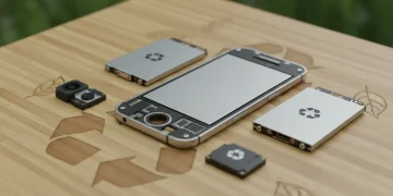 Modular sustainable smartphone with replaceable components on bamboo surface