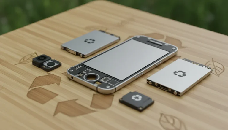 Modular sustainable smartphone with replaceable components on bamboo surface