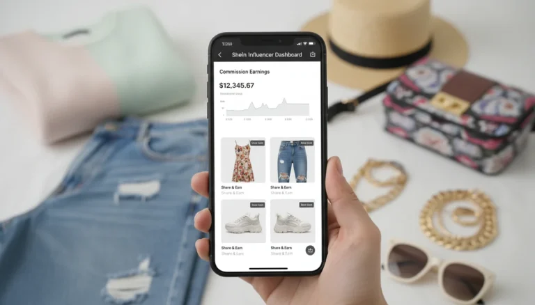 Shein Influencer Program 2026 dashboard showing commission earnings and fashion items