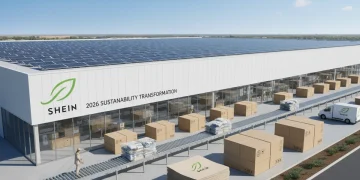 Shein warehouse showing solar panels and eco-friendly packaging materials for 2026 environmental initiatives