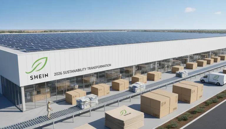 Shein warehouse showing solar panels and eco-friendly packaging materials for 2026 environmental initiatives