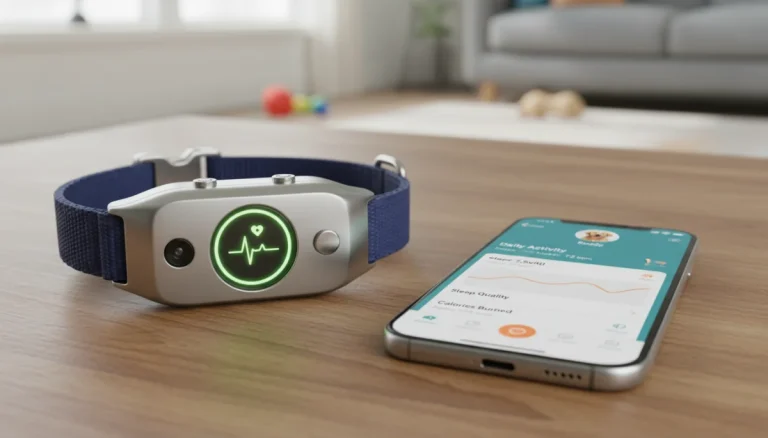 Smart pet collar with health monitoring sensors connected to smartphone app