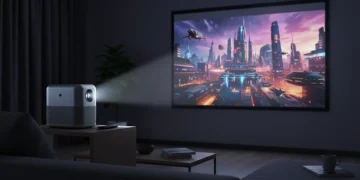 Portable projector displaying bright image in living room