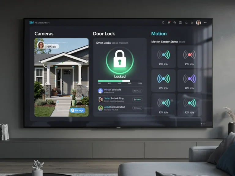 AI-powered smart home security system dashboard with cameras and sensors