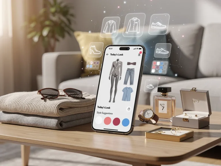AI style assistant app on smartphone showing outfit recommendations in modern home setting