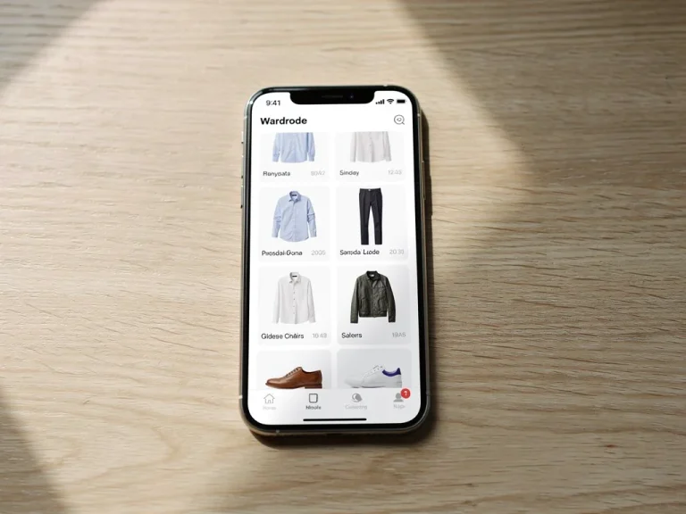 Digital wardrobe app on smartphone showing organized clothing collection