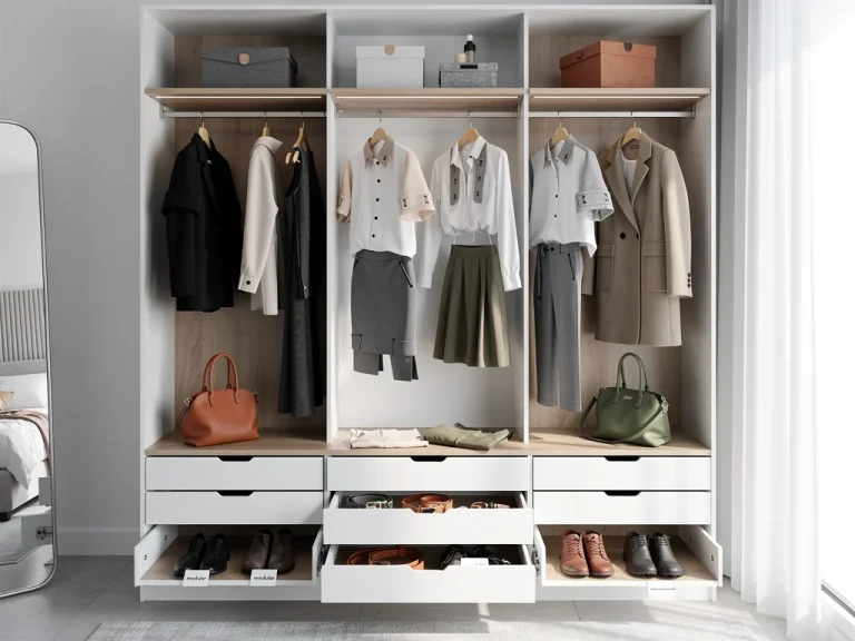 Modular fashion pieces in a modern closet showing versatile outfit combinations