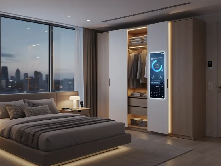 Smart home connected wardrobe system with LED lighting and digital display in modern bedroom